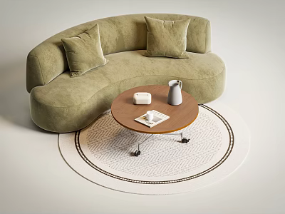 Green Curved Casual Sofa Set with Cushions and Round Wooden Coffee Table on Geometric Rug 3d model