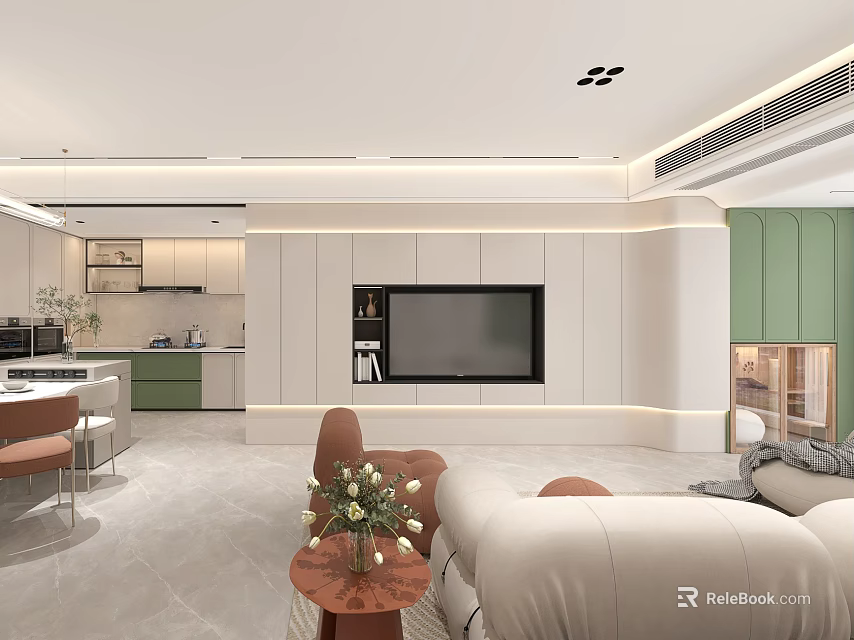 Modern Living Dining Room Interior With Open Kitchen Green Cabinets TV Wall And Beige Sofa 3d model 