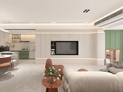 Modern Living Dining Room Interior With Open Kitchen Green Cabinets TV Wall And Beige Sofa 3d model
