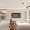 Modern Living Dining Room Interior With Open Kitchen Green Cabinets TV Wall And Beige Sofa
