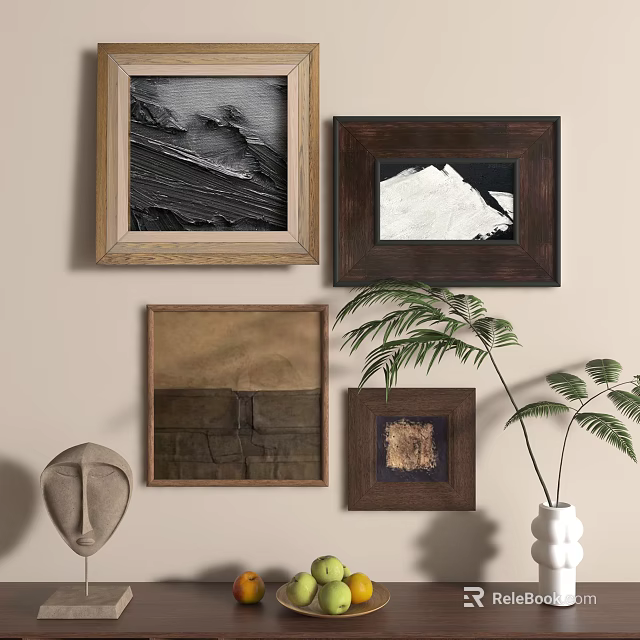 Abstract Paintings On Wall With Various Frames Plant And Sculpture Decor 3d model 