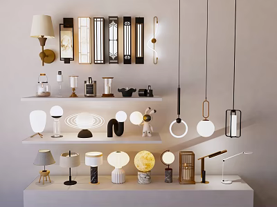 Modern Lighting Combination With Table Lamps Pendant Lights And Wall Sconces On Display Shelves 3d model