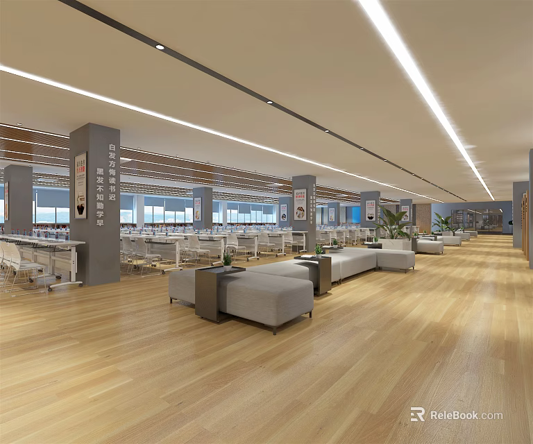Spacious Modern Conference Room Interior With Wooden Flooring Gray Sofas Coffee Tables And Linear Ceiling Lights 3d model 