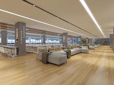 Spacious Modern Conference Room Interior With Wooden Flooring Gray Sofas Coffee Tables And Linear Ceiling Lights 3d model