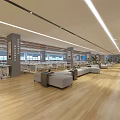 Spacious Modern Conference Room Interior With Wooden Flooring Gray Sofas Coffee Tables And Linear Ceiling Lights