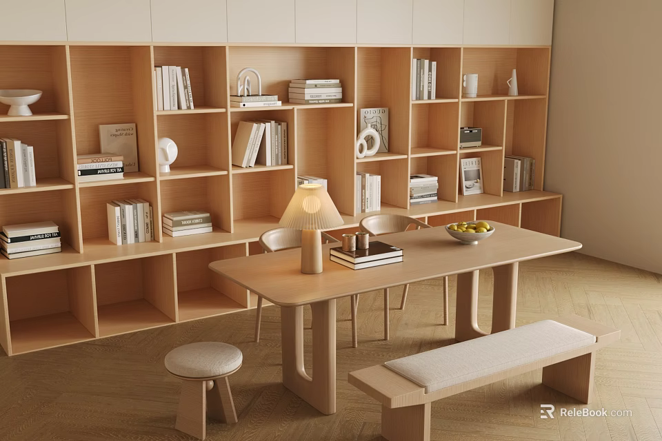 Wooden Long Table Chairs Bench Stool in Minimalist Room with Bookshelves Books Lamp Fruit Bowl 3d model 