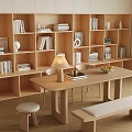 Wooden Long Table Chairs Bench Stool in Minimalist Room with Bookshelves Books Lamp Fruit Bowl