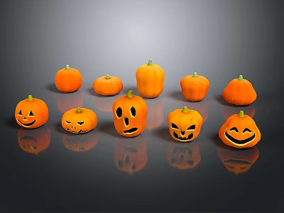 Various Fresh Vegetable Pumpkins Featuring Carved Smiling Faces Arranged Together 3d model