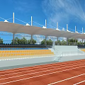 Outdoor Sports Stadium Grandstand Featuring Yellow Seats Red Running Track And White Membrane Roof
