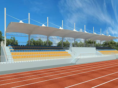 Outdoor Sports Stadium Grandstand Featuring Yellow Seats Red Running Track And White Membrane Roof 3d model