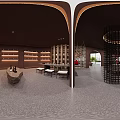 Luxurious Interior With Black Lattice Screens Red Teardrop Fountain Circular Ceiling Lamp And Wine Racks