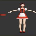 Red Hooded Character in Red Dress Stretching Arms with Red Disc on Gray Background
