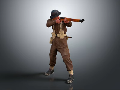 Game Movie Character In Brown Uniform With Hat Holding Rifle And Gear 3d model