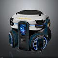 Futuristic Mechanical Device With Wheels Display Screen White Blue Accents And Control Panel
