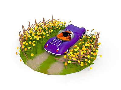 Purple Convertible Car Surrounded By Yellow Flowers Wooden Fence And Path 3d model