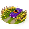Purple Convertible Car Surrounded By Yellow Flowers Wooden Fence And Path
