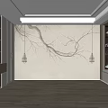 Modern Bed Accent Wall With Branch Mural And Pendant Lights