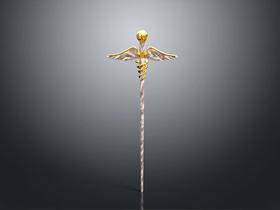 Golden Coiled Snake Staff With Winged Accents And Intricate Decorative Details 3d model