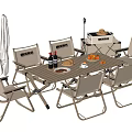 Outdoor Table Set With Folding Chairs Umbrella And Picnic Bread Fruits Drinks