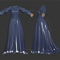 Elegant Blue Long Dress With Puffed Sleeves High Neck And Flowing Skirt