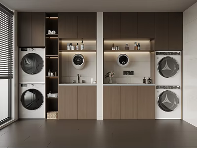 Modern Laundry Room Design With Washing Machines Dryers Cabinets Countertops And Supplies 3d model