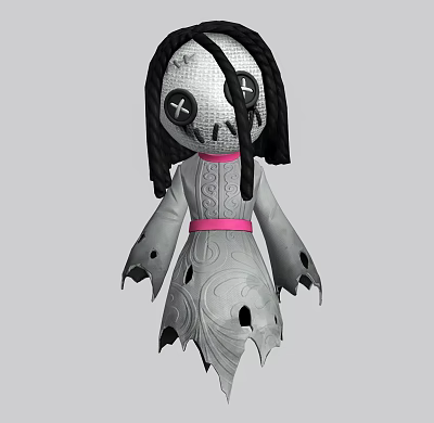 Spooky Gothic Doll With Black Hair White Face Gray Outfit And Pink Belt 3d model