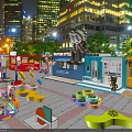 Modern Container Building in Urban Night Scene with Colorful Decorations and Green Plants