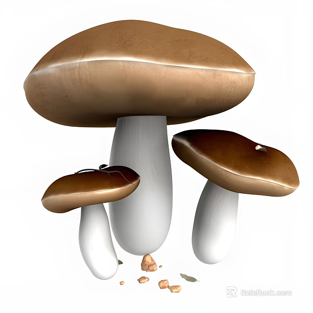 Three Mushrooms With Brown Caps And White Stems Including One Large And Two Small 3d model 