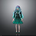 3D Anime Character Model With Teal Purple Curly Hair And Green Ruffled Dress