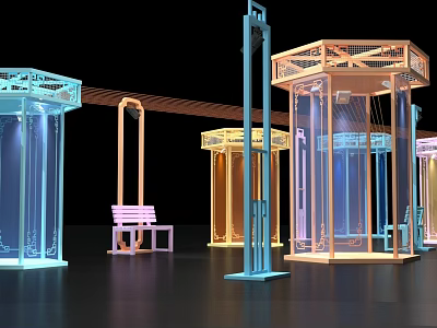 Colorful Transparent Pavilions With Octagonal Frames Pink Bench And Different Colors 3d model