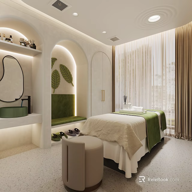 Soft Modern Aesthetic Beauty Salon Treatment Room With Cozy Spa Bed And Fresh Green Decoration 3d model 
