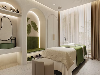 Soft Modern Aesthetic Beauty Salon Treatment Room With Cozy Spa Bed And Fresh Green Decoration 3d model