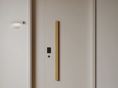 Modern Security Door With Golden Handle Electronic Lock House Number 1067 And Wall Light 3d model