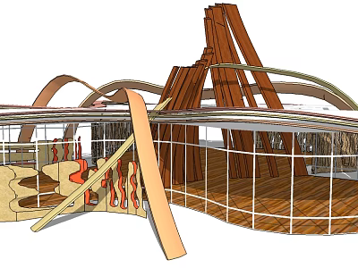 Modern Architectural Design With Curved Wooden Beams Glass Railings And Wooden Flooring 3d model