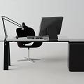 Modern Office Desk With Glass Top Computer Monitor Laptop Desk Lamp And Purple Chair 3d model