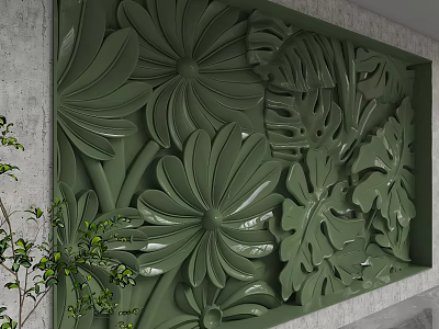 Green 3D Carved Floral Leaves Wall Decor With Botanical Relief Design 3d model