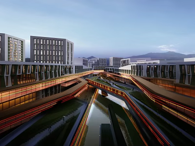 Modern Industrial Factory Park With Glass Facade Bridges And Waterway Lighting 3d model