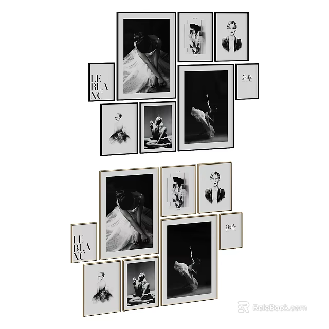 Gallery Wall Featuring Black and White Framed Photos Various Sizes Arrangement 3d model 