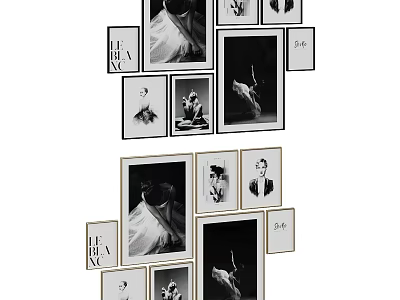 Gallery Wall Featuring Black and White Framed Photos Various Sizes Arrangement 3d model