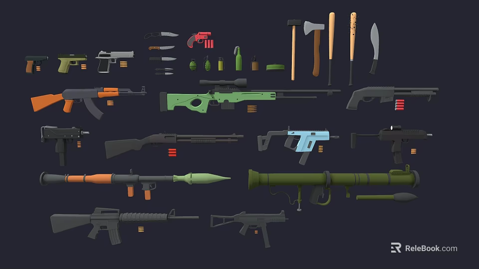 Different Types Of Military Weapons Display With Rifles Pistols Knives Axes And Ammunition 3d model 