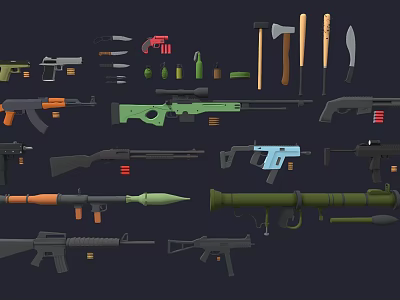 Different Types Of Military Weapons Display With Rifles Pistols Knives Axes And Ammunition 3d model