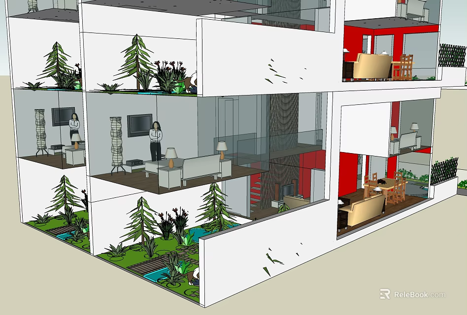 Multi Level Office Interior With Open Design Green Plants Sofas TV And Stairs Connecting Spaces 3d model 