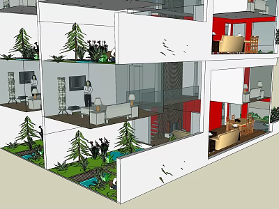 Multi Level Office Interior With Open Design Green Plants Sofas TV And Stairs Connecting Spaces 3d model