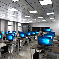Spacious School Computer Classroom with Multiple Computers Wooden Desks and Bright Ceiling Lights 3d model