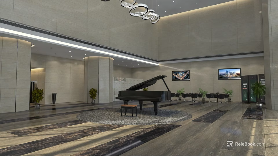 Modern Hotel Lobby Interior With Grand Piano Elegant Chandeliers Green Plants And Marble Floor 3d model 