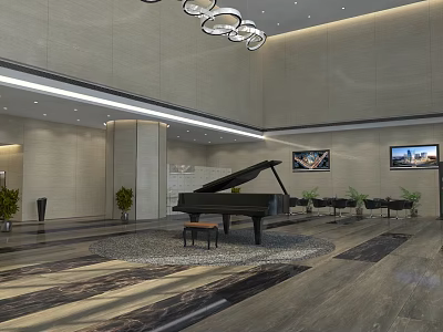 Modern Hotel Lobby Interior With Grand Piano Elegant Chandeliers Green Plants And Marble Floor 3d model