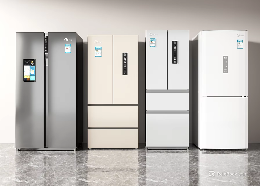 Various Modern Refrigerators And Freezers With Different Colors And Designs For Home Kitchen 3d model 
