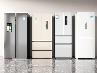 Various Modern Refrigerators And Freezers With Different Colors And Designs For Home Kitchen 3d model