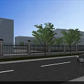 Scenic Wall With Black Iron Fence Stone Pillars And Trees Along Roadside Near Modern Buildings
