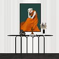 Stylish Console Table With Green Background Painting Orange Dress Figure Decorative Items And Dried Flower Vase